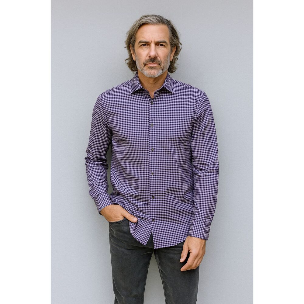 NWT JOHN VARVATOS Star USA Purple Gingham Cotton Button Up Shirt Top Mens Sz 16